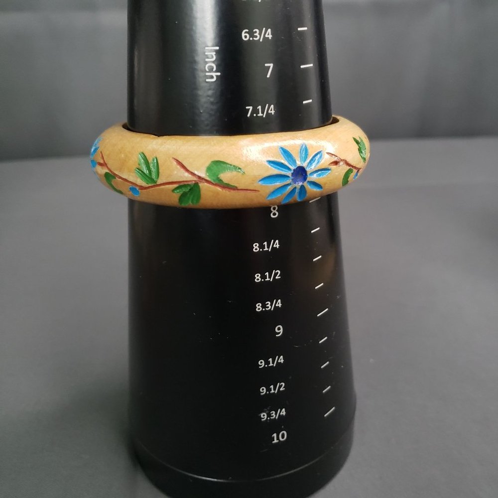 Wooden Bracelet Etched Floral Leaf Design Painted Size 7 1/2" Blue Green Brown - Picture 7 of 7